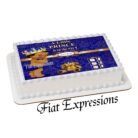 Prince Teddy Bear Royal Blue Gold Paisley Blocks Baby Shower Edible Cake Image