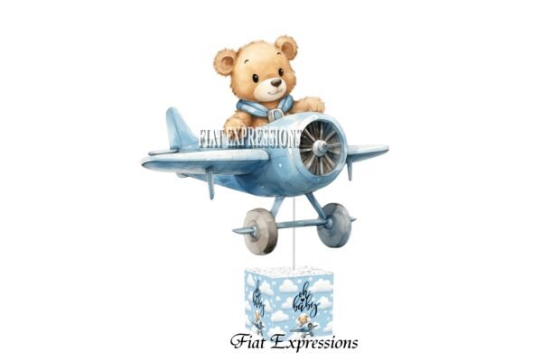 Teddy Bear in Airplane Blue Baby Shower Table Centerpiece