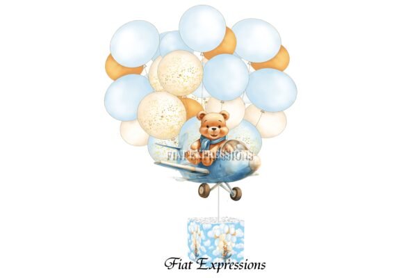 Teddy Bear in Airplane with Balloons Blue Baby Shower Table Centerpiece