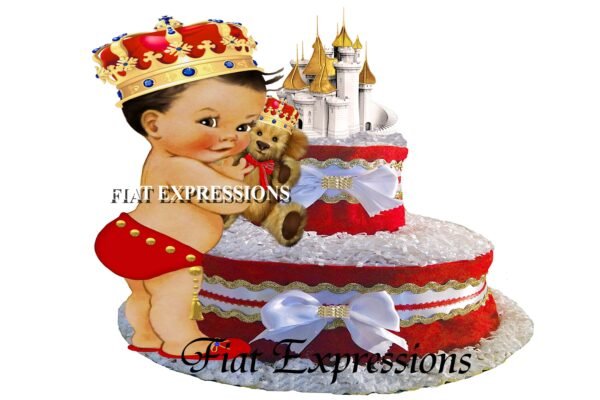 Prince Diaper Cake 2 Tier Red & Gold with Castle and Royal Teddy Bear/Prince Baby Shower Gift and Centerpiece