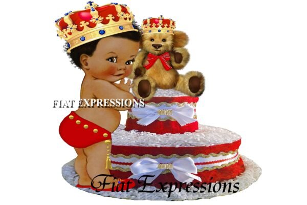Prince Diaper Cake 2 Tier Red & Gold with Royal Teddy Bear/Prince Baby Shower Centerpiece and Gift