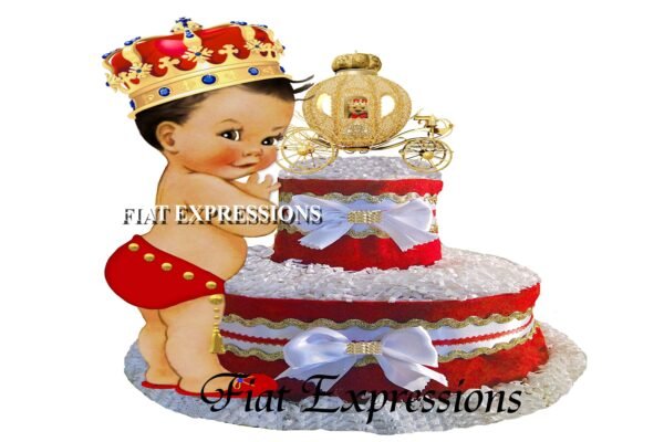 Prince Diaper Cake 2 Tier Red & Gold with Teddy Bear in Carriage/Prince Baby Shower Centerpiece and Gift