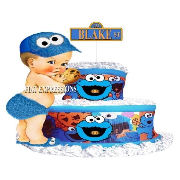 Cookie Diaper Cake 2 Tier Burp Cloth with Boy/Cookie Monster Inspired Baby Shower Centerpiece and Gift