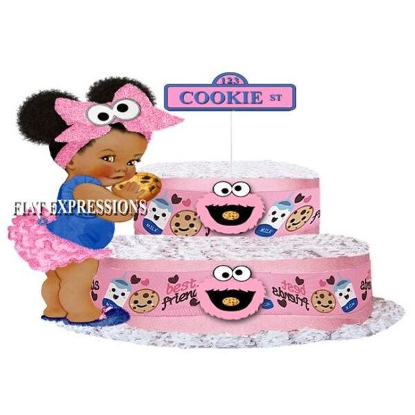 Cookie Diaper Cake, 2 Tier Burp Cloth with Girl eating Cookie/Cookie Monster Inspired Baby Shower Centerpiece and Gift