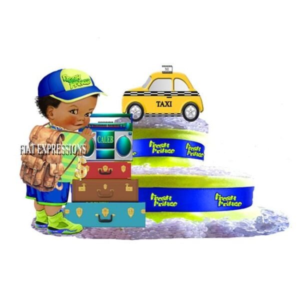 Fresh Prince Diaper Cake 2 Tier Burp Cloth with Backpack Luggage & Taxi/Fresh Prince Baby Shower Centerpiece and Gift