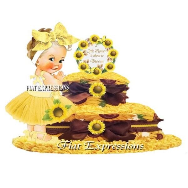 Sunflower Diaper Cake 2 Tier Burp Cloth with Sunflower Wreath/Sunflower Baby Shower Centerpiece & Gift