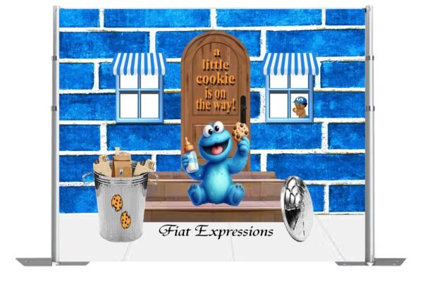 Cookie Monster Baby Shower Themed Backdrop on Steps with Bottle