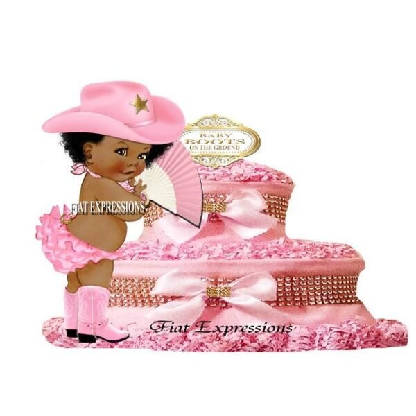 Baby Boots on the Ground Cowgirl Diaper Cake 2 Tier Pink and Gold/Baby Boots on the Ground Baby Shower Centerpiece & Gift