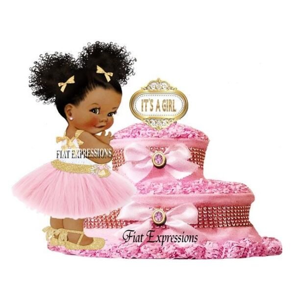It's a Girl Diaper Cake 2 Tier Burp Cloth Pink & Gold with Standing Baby/It's a Girl Baby Shower Centerpiece and Gift