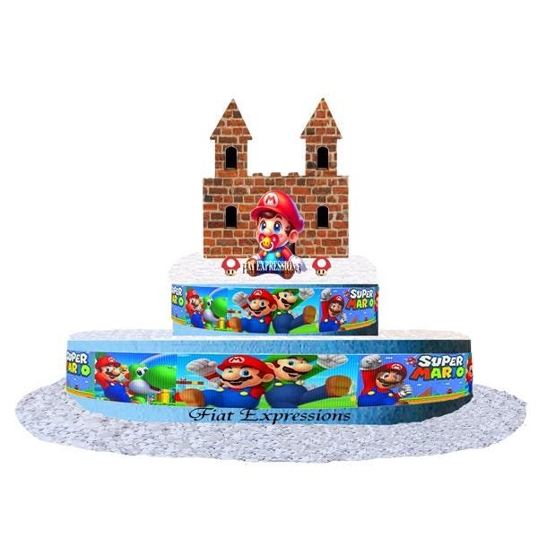 Super Baby Diaper Cake 2 Tier Burp Cloth Blue with Baby & Castle/Super Baby Shower Centerpiece and Gift