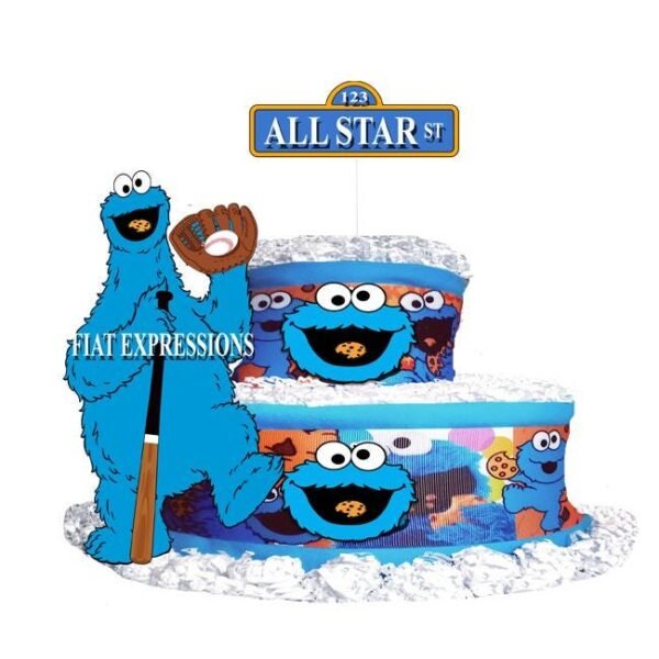Cookie Diaper Cake 2 Tier Burp Cloth with Baseball/Cookie Monster Inspired Baby Shower Centerpiece and Gift
