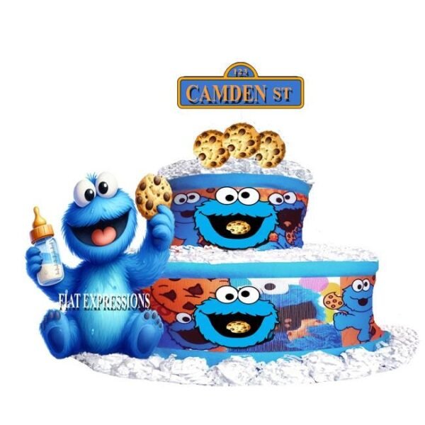 Cookie Diaper Cake 2 Tier Burp Cloth, with Baby Monster, Bottle & Cookie/Cookie Monster Themed Baby Shower Centerpiece and Gift