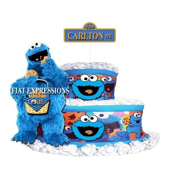 Cookie Diaper Cake, 2 Tier Burp Cloth, Big Monster with Basket/Cookie Monster Inspired Baby Shower Centerpiece and Gift