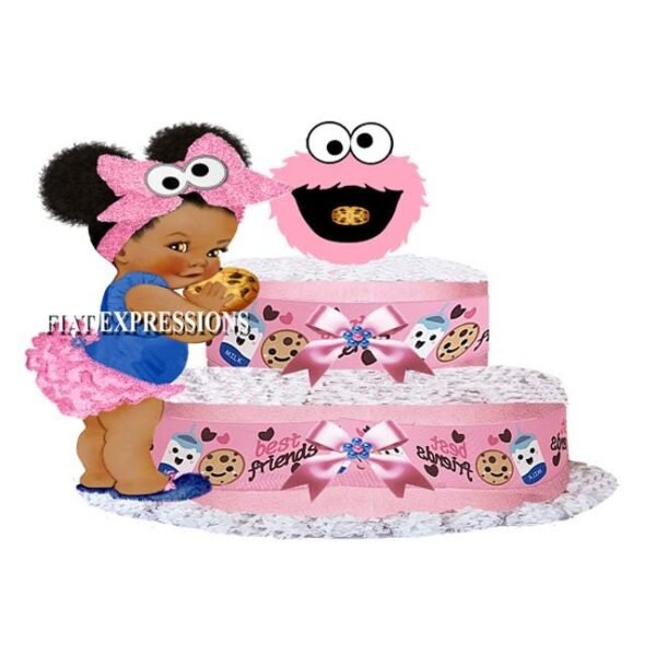 Cookie Diaper Cake, 2 Tier Burp Cloth with Girl & Cookie Face/Cookie Monster Inspired Baby Shower Centerpiece and Gift