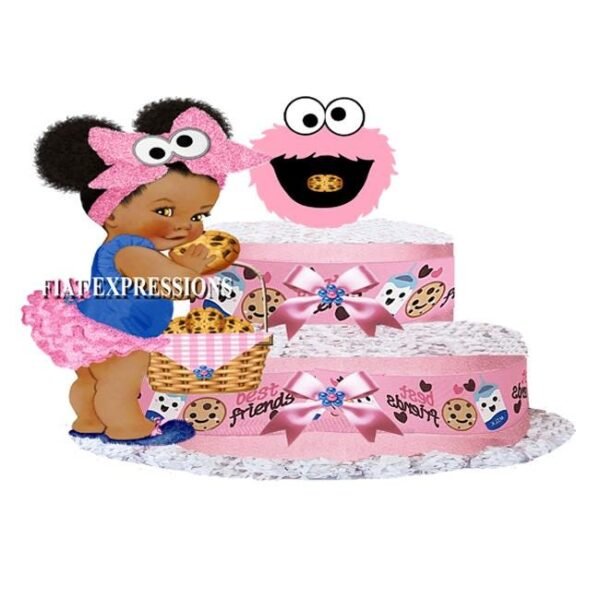 Cookie Diaper Cake 2 Tier Burp Cloth with Girl & Cookie Basket/Cookie Monster Inspired Baby Shower Centerpiece and Gift