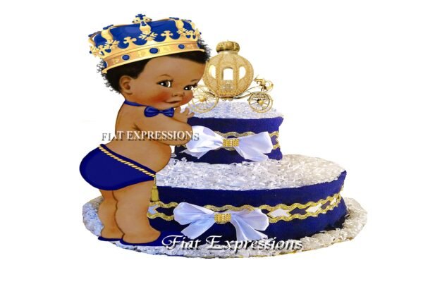 Prince Diaper Cake 2 Tier with Gold Carriage/Baby Shower Gift and Centerpiece