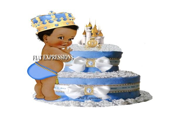 Prince Diaper Cake 2 Tier Light Blue with Gold Castle & Carriage/Baby Shower Gift and Centerpiece