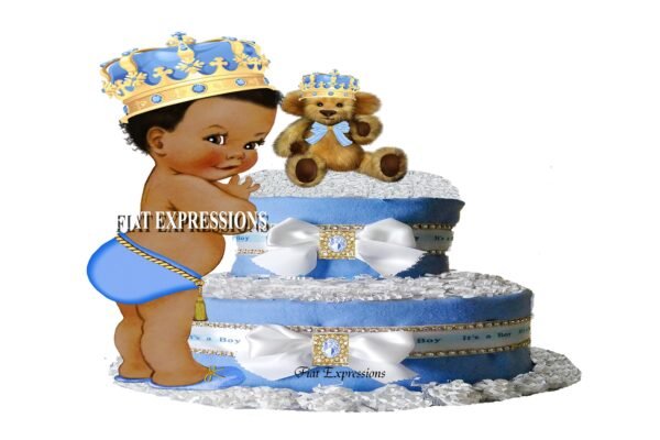 Prince Diaper Cake 2 Tier Light Blue with Royal Teddy Bear/Baby Shower Gift and Centerpiece