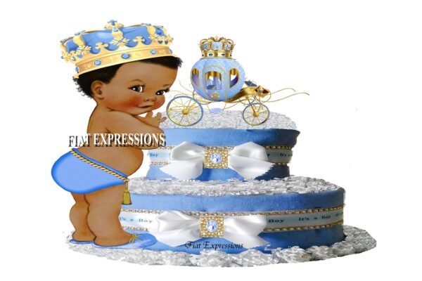 Prince Diaper Cake 2 Tier Light Blue with Gold & Blue Carriage/Baby Shower Gift and Centerpiece