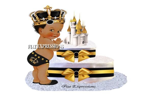 Prince Diaper Cake 2 Tier Black & Gold with Castle/Prince Baby Shower Centerpiece and Gift