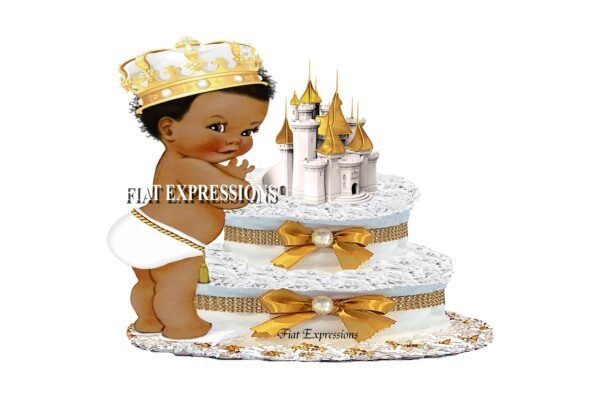Prince Diaper Cake 2 Tier White & Gold with Castle/Prince Baby Shower Centerpiece and Gift