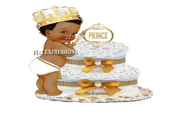 Prince Diaper Cake 2 Tier White & Gold/Baby Shower Gift and Centerpiece