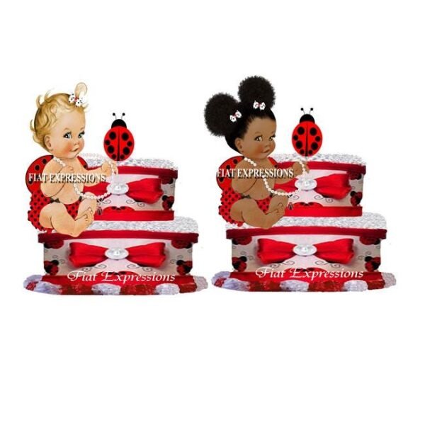 Ladybug Red Diaper Cake 2 Tier Burp Cloth with Sitting Girl/Ladybug Baby Shower Centerpiece and Gift