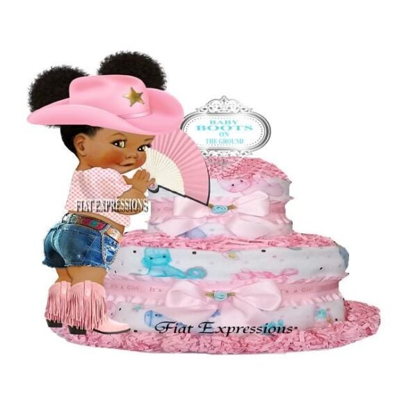 Baby Boots on the Ground Cowgirl Diaper Cake 2 Tier Pink and Blue/Baby Boots on the Ground Baby Shower Centerpiece & Gift