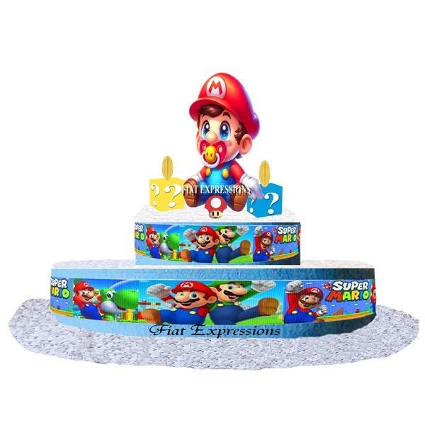 Super Baby Diaper Cake 2 Tier Burp Cloth Blue with Baby & Coins/Super Baby Shower Centerpiece and Gift