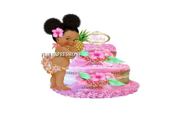 Hawaiian Tropical Aloha Island Diaper Cake, Girl Pink 2 Tier Diaper Cake, Hawaiian Baby Shower Centerpiece and Gift