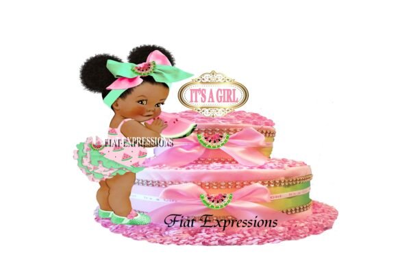 Watermelon Girl Diaper Cake, 2 Tier Diaper Cake, Pink and Green Diaper Cake, Watermelon Baby Shower Centerpiece & Gift