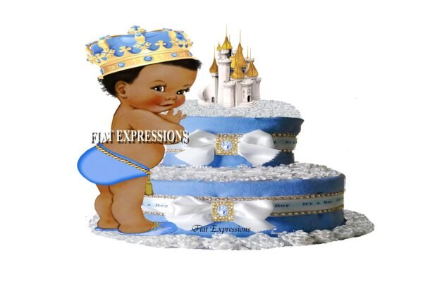 Prince Diaper Cake 2 Tier Light Blue with Castle Gold & White/Baby Shower Gift and Centerpiece