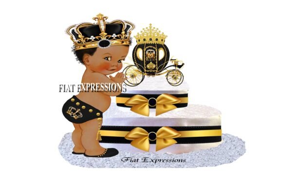 Prince Diaper Cake 2 Tier Black & Gold with Teddy Bear in Carriage/Baby Shower Gift and Centerpiece