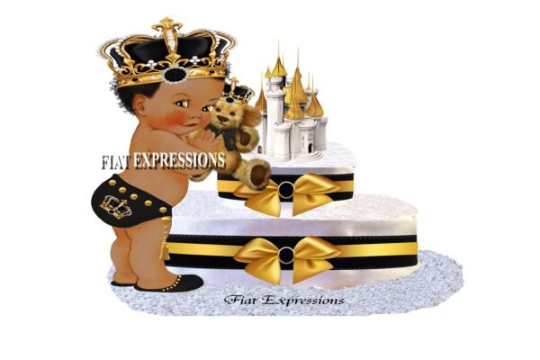 Prince Diaper Cake 2 Tier Black & Gold with Castle and Royal Teddy Bear/Prince Baby Shower Gift and Centerpiece