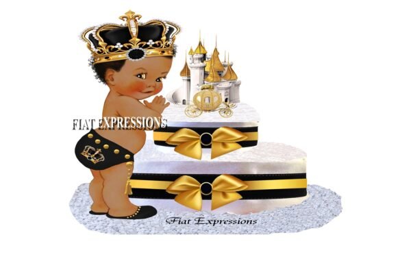 Prince Diaper Cake 2 Tier Black & Gold with Castle and Carriage/Prince Baby Shower Centerpiece and Gift