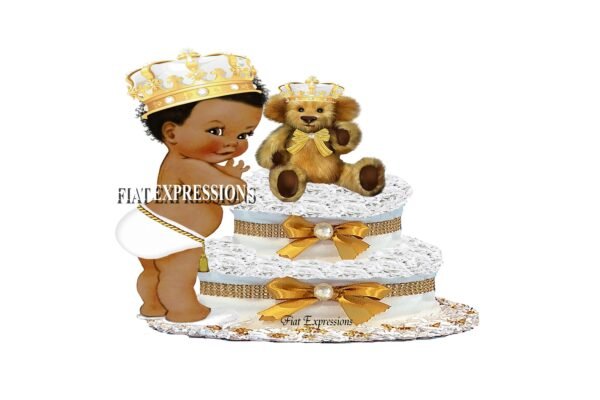 Prince Diaper Cake 2 Tier White & Gold with Royal Teddy Bear/Prince Baby Shower Centerpiece and Gift