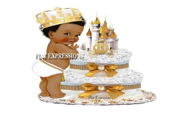 Prince Diaper Cake 2 Tier White & Gold with Castle and Carriage/Prince Baby Shower Centerpiece and Gift