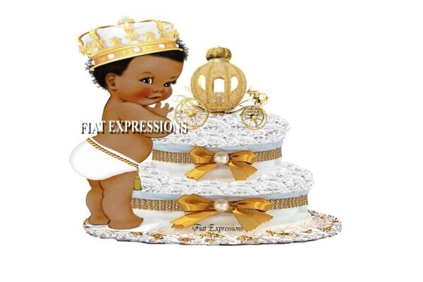 Prince Diaper Cake 2 Tier White & Gold with Carriage/Prince Baby Shower Centerpiece and Gift