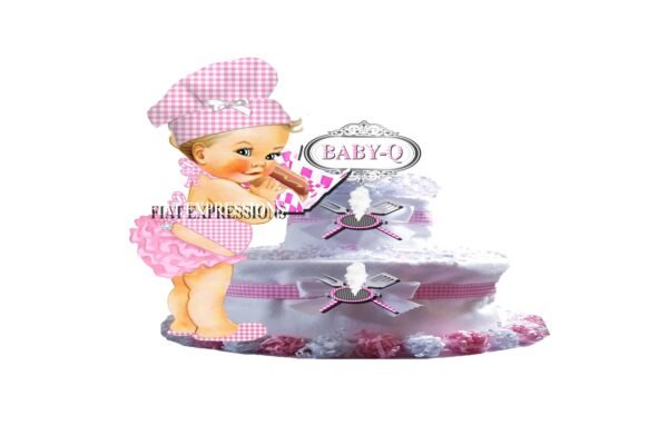 Baby-Q Diaper Cake, 2 Tier Diaper Cake, Girl with Grill Hotdog Diaper Cake, Baby Shower, Baby-Q Baby Shower Centerpiece & Gift