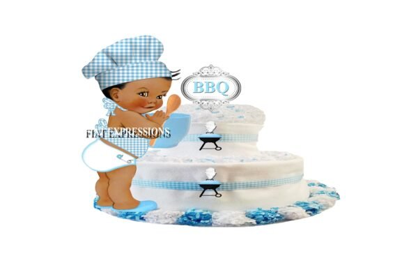 Baby-Q Diaper Cake, 2 Tier Diaper Cake, Boy with Bowl and Wood Spoon, Baby-Q Baby Shower Centerpiece & Gift