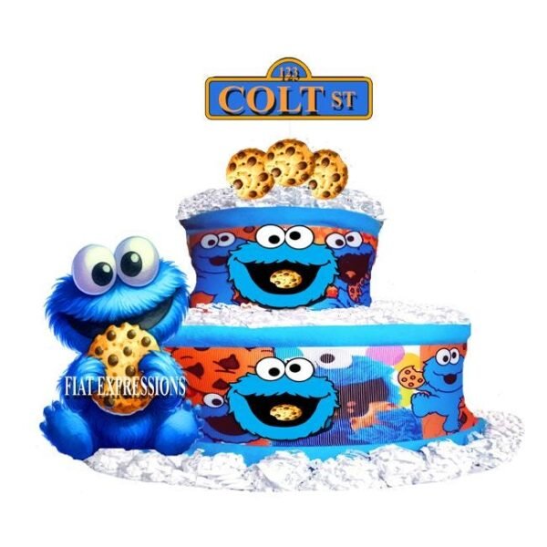 Cookie Baby Monster Themed Diaper Cake, 2 Tier Diaper Cake, Cookie Monster Themed Baby Shower Centerpiece and Gift