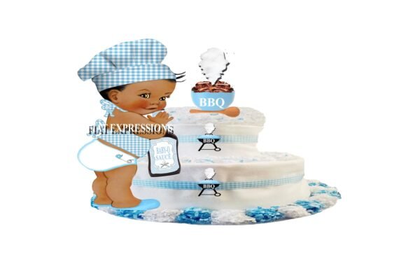 Baby-Q Boy Diaper Cake, 2 Tier Diaper Cake, Boy with Bowl and Spoon, Baby-Q Baby Shower Centerpiece & Gift