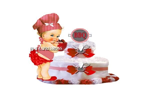 Baby-Q Girl Diaper Cake ,2 Tier Diaper Cake, Red Diaper Cake, Baby Shower, Baby-Q Baby Shower Centerpiece & Gift