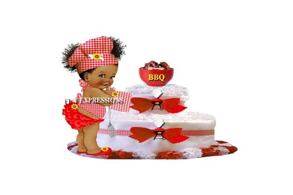 Baby-Q Girl Diaper Cake, 2 Tier Red and Sunflower with BBQ Diaper Cake, Baby-Q Baby Shower Centerpiece & Gift