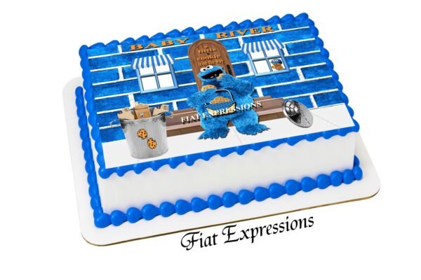 Cookie Monster Themed Baby Shower Edible Cake Image with Baby in Window