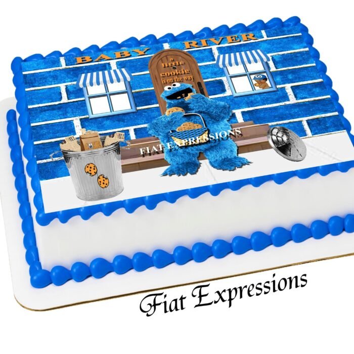 Cookie Monster Themed Baby Shower Edible Cake Image with Baby in Window