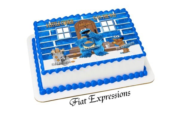 Cookie Monster Themed Baby Shower Edible Cake Image with Basket and Baby