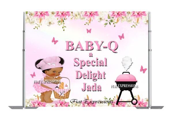 Baby-Q Baby Shower Backdrop Pink Flowers, Baby-Q Baby Shower Poster, Baby-Q Baby shower Sign, Baby-Q Baby Shower Photo Prop Digital File