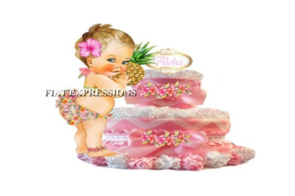 Hawaiian Girl Diaper Cake, Tropical Diaper Cake, Aloha Diaper Cake, 2 Tier Diaper Cake. Hawaiian Baby Shower Centerpiece and Gift