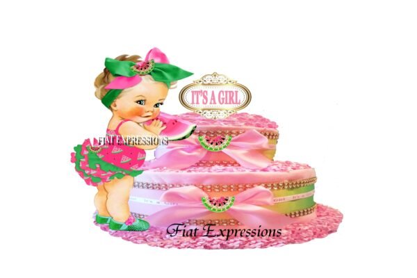 Watermelon Diaper Cake, 2 Tier Diaper Cake, Pink and Green Diaper Cake, Girl Diaper Cake, Watermelon Baby Shower Centerpiece & Gift